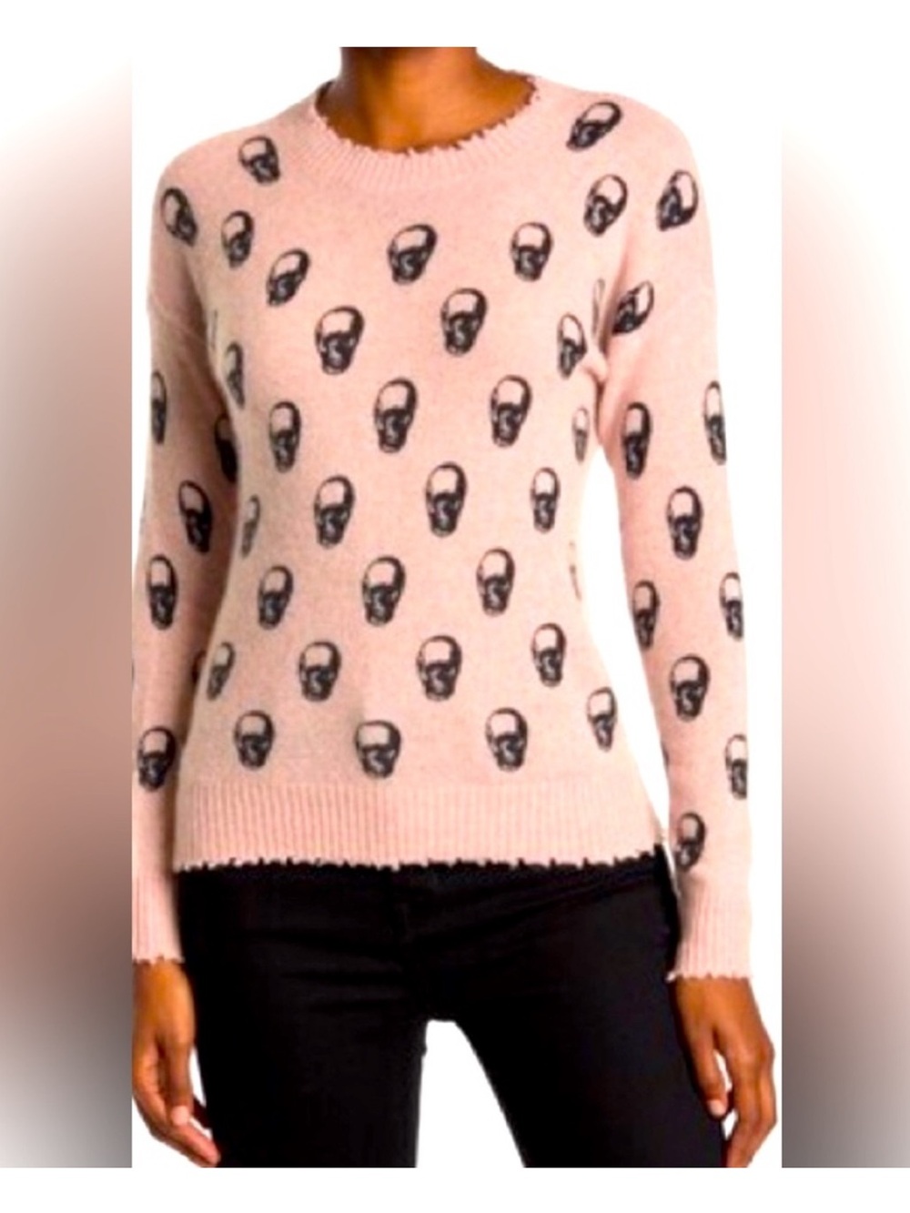 Catherine Malandrino Pale Pink Skull Print 100% Cashmere Sweater, Sz Medium